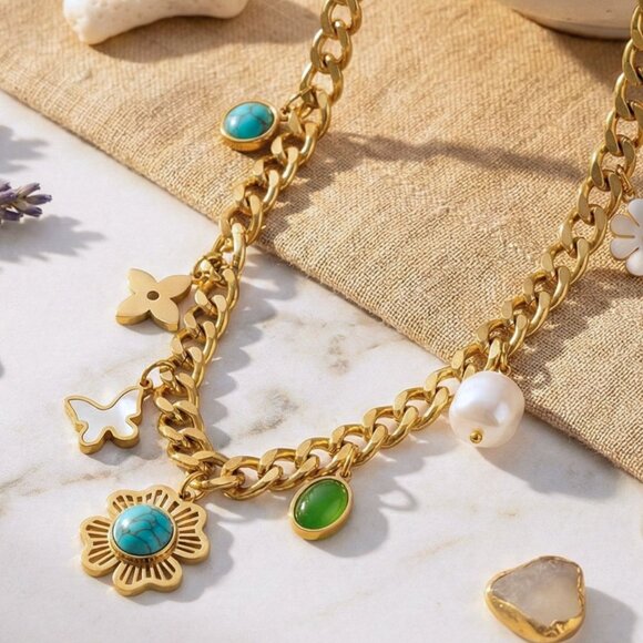 Chunky 18K Gold Plated TrendybNecklace Colorful Charms Pearl Accents Y2K Style - Picture 7 of 11